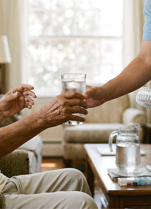 Carer handing an older person a glass of water