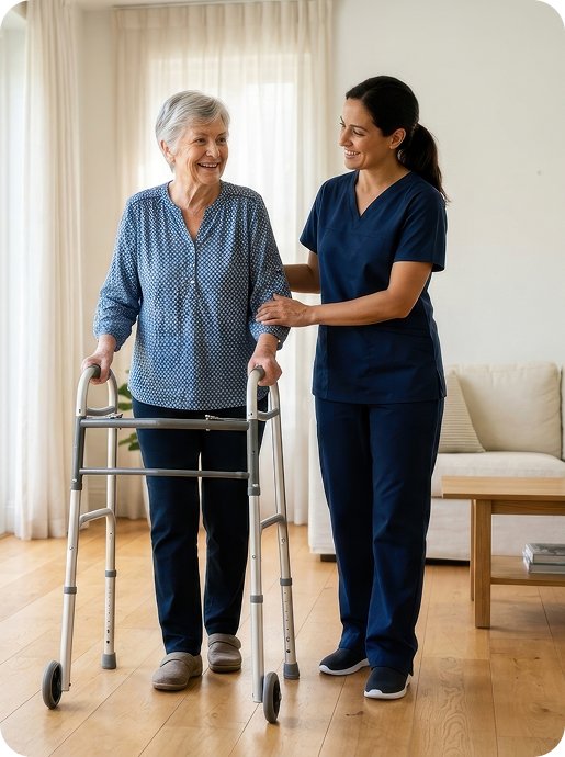 Carer walking beside an older woman using a walking frame at home
