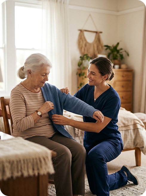 Carer helping an older woman put on her cardigan in the bedroom