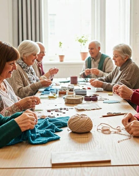 Group of older people doing craft activities around a table