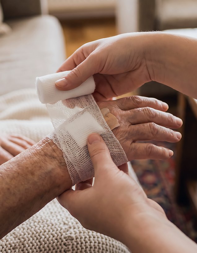 Nurse applying a dressing to an older person’s hand